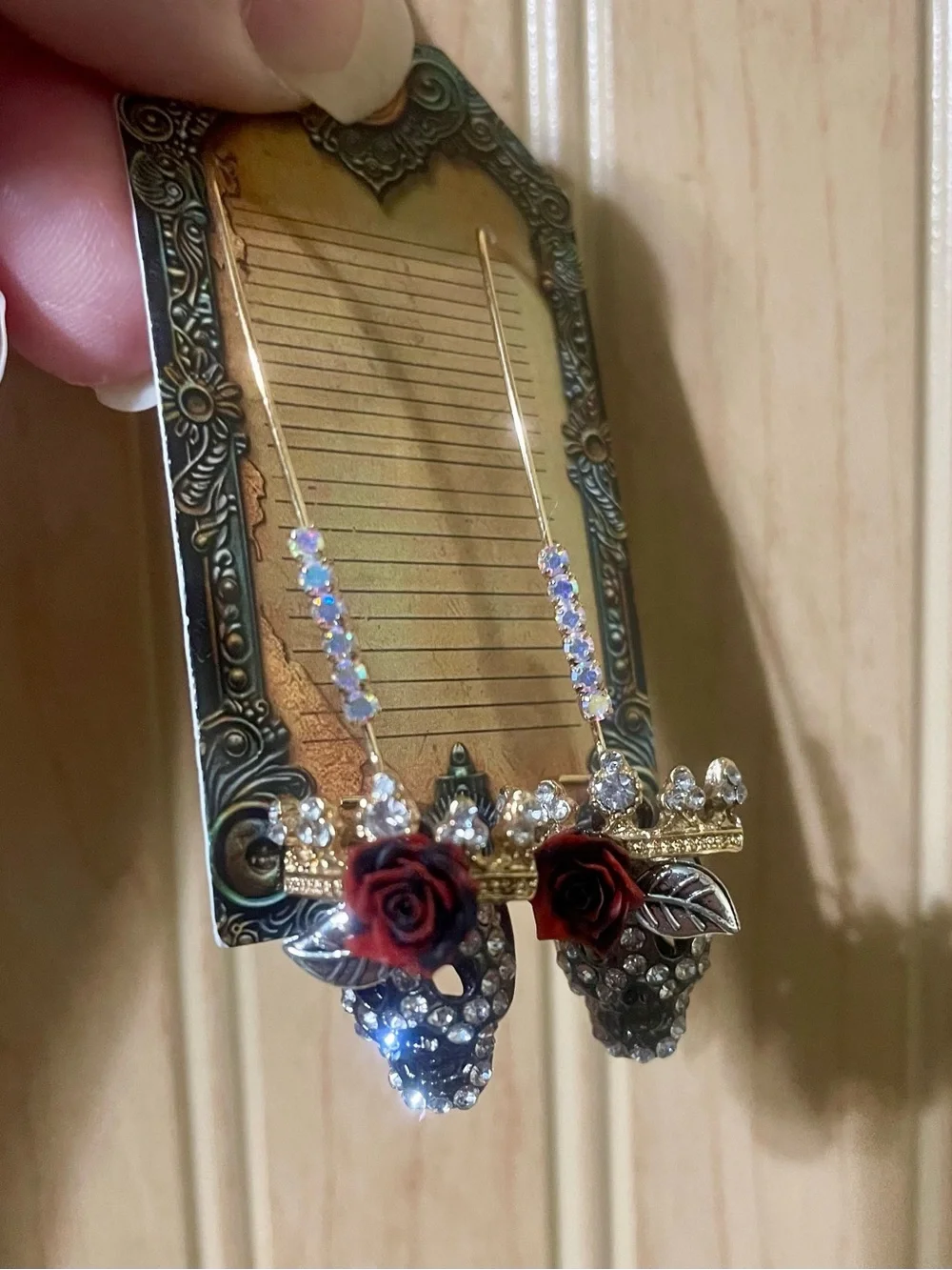 Hand Crafted Gold Crystal Skull Earrings with Red Rose